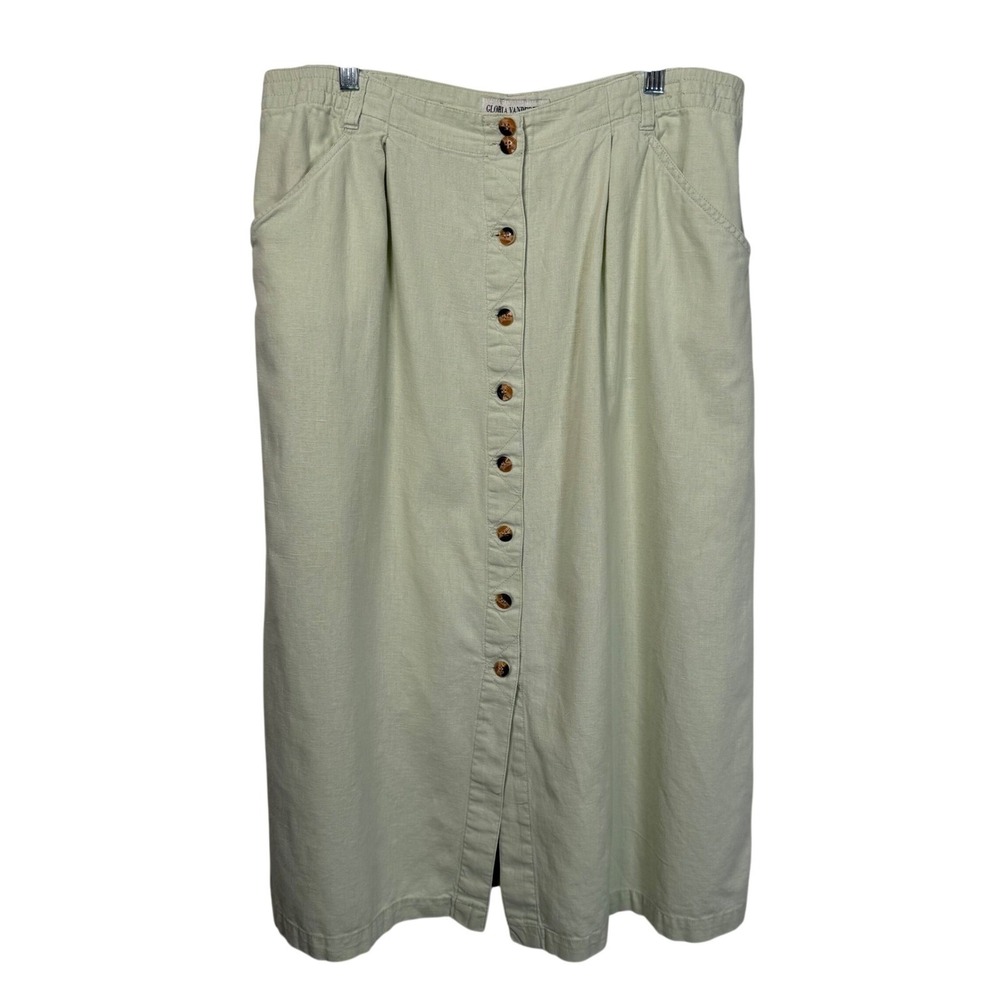 Gloria Vanderbilt Vintage Sage‎ Green Linen Cotton Button Front Midi Skirt 14